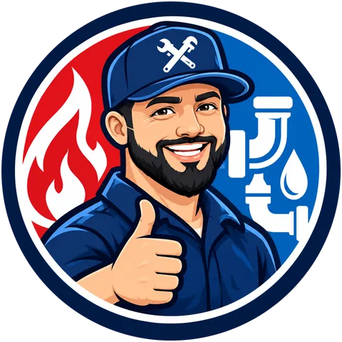 Family Fire Services and Plumbing LLC mascot: a plumber giving a thumbs-up between a flame and water pipes