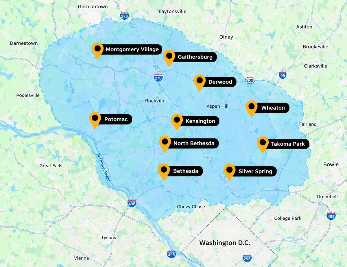 Family Fire Services and Plumbing LLC service area map around Rockville, MD, including Boyds, MD